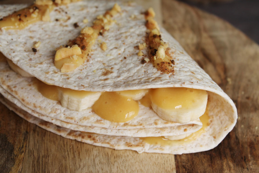 receta crepe de platano y flan con cacahuetes y especias